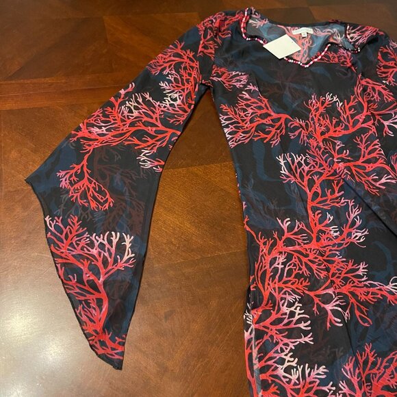 MODAPOSA Coral Print Beaded V-Neck Sheer Tunic  Beach Cover-Up flared sleeves - Picture 5 of 9